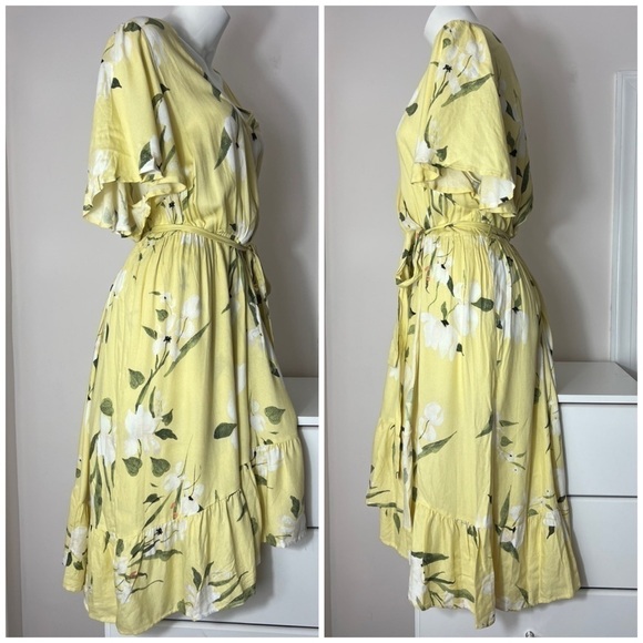 Rachel By Rachel Roy Yellow Floral V-Neck Faux Wrap Midi Dress Plus Size 2X - Picture 3 of 6
